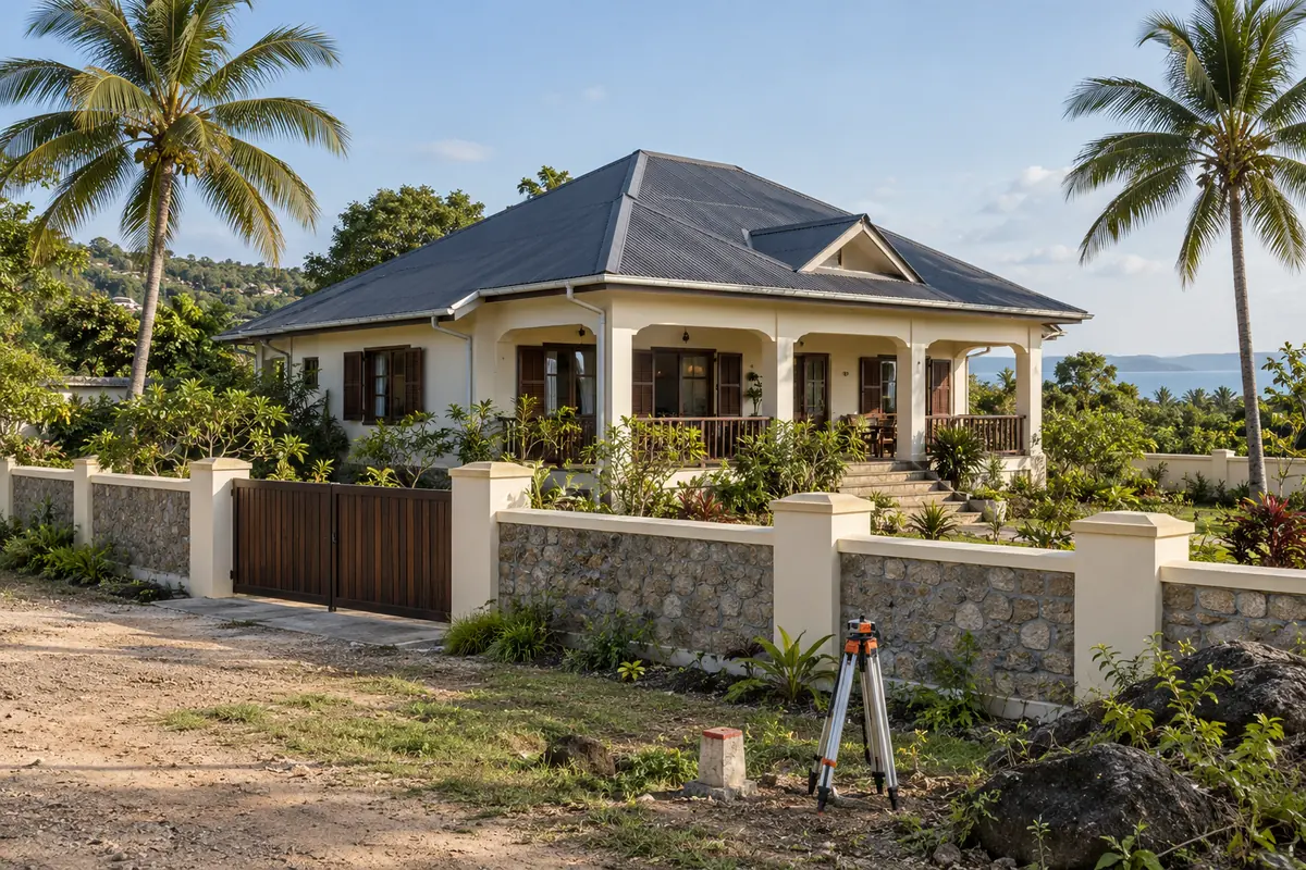 Maison à varangue entourée de cocotiers, à Nosy Be